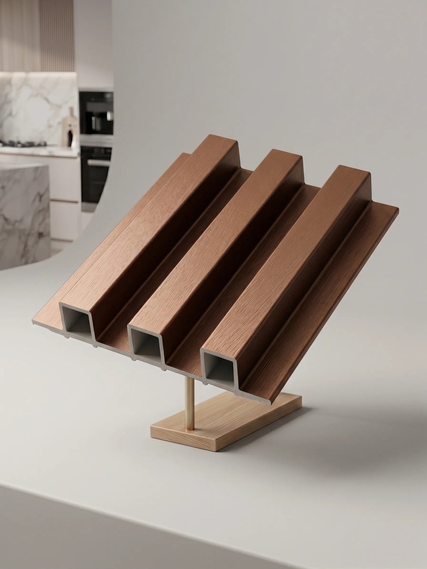 A set of four copper-colored aluminum extrusion profiles with square cross-sections, mounted on a wooden display stand on a white countertop.